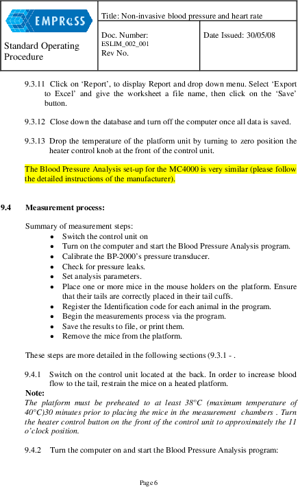 Standardized blood pressure measurement procedure.